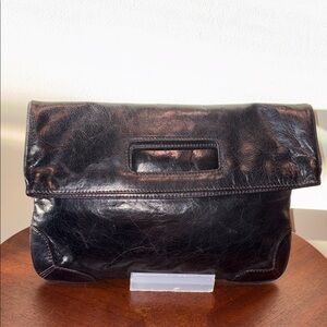 Sigrid Olsen Vintage 04 Clutch Bag  crinkled shiny black leather fold over style